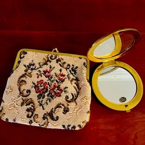 Antique beaded embroidered compact mirror and mini purse case